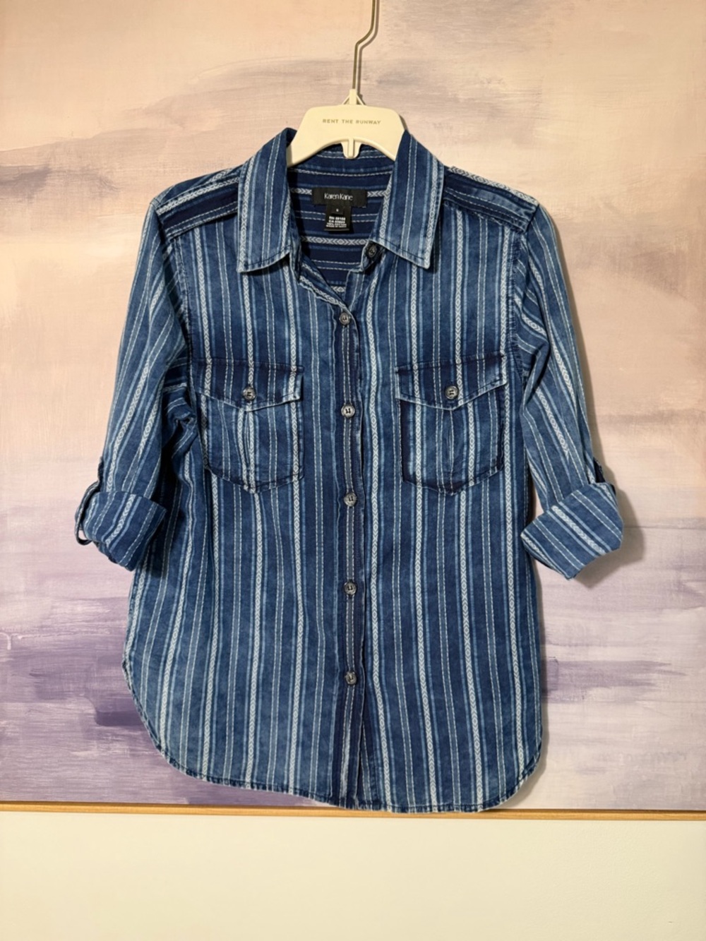 Women’s‎ Blue Cotton Striped Denim-Look Button-Up Long Sleeve Shirt